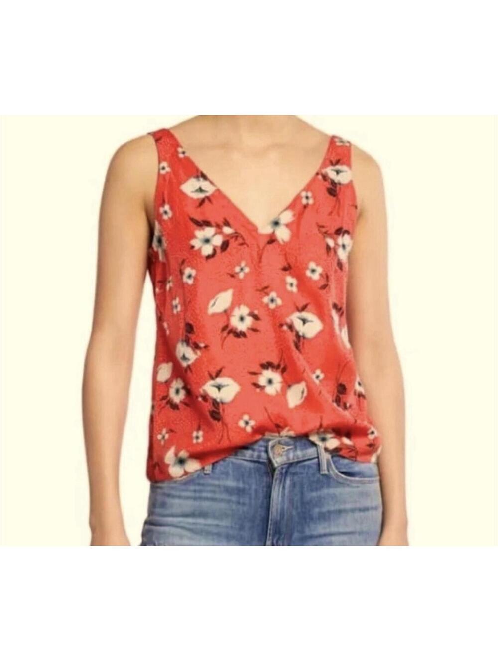REBECCA TAYLOR Daniella Silk Blend Floral V-Neck Tank Top in Punch-Size Small